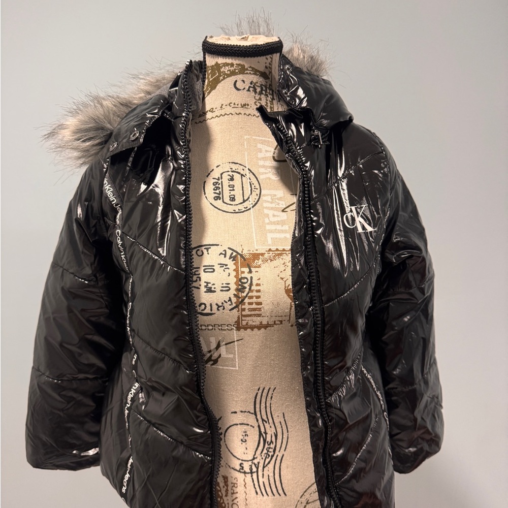 Calvin Klein Shiny Black Jacket with Fur Trim